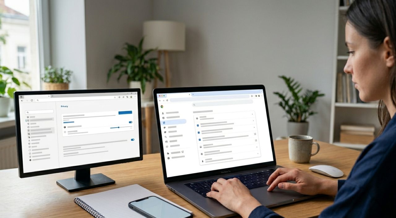 Donna che lavora al computer per eliminare file IA e liberare 4GB di memoria su browser Chrome e Edge.